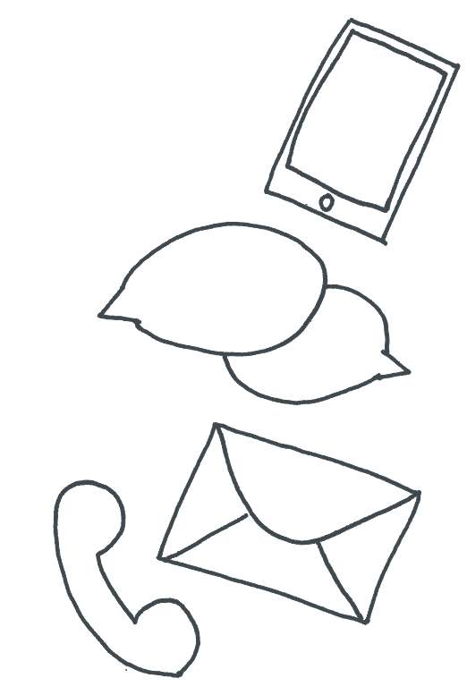 contact D2e - line drawings of a mobile phone, envelope, speech bubbles and landline 