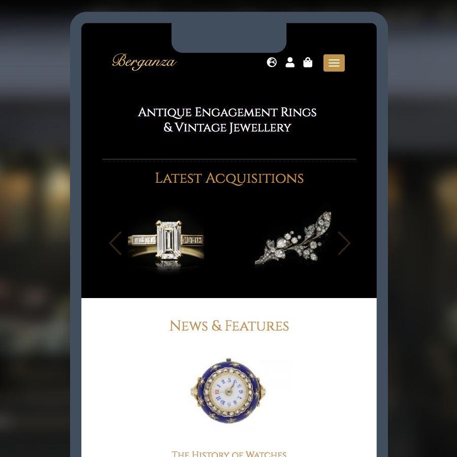 bespoke website design - mobile with black and white background displaying gold diamond jewellery 