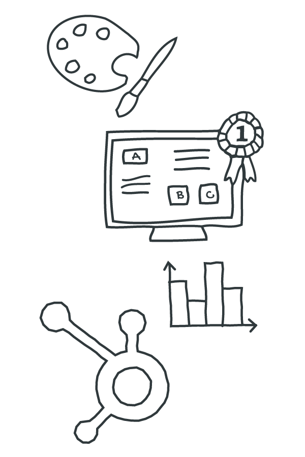 line drawings of an artists pallet and paintbrush, a website with a rosette pinned to it, a bar graph and the HubSpot sprocket - Creative bespoke websites, built on the HubSpot CMS using GDD and data