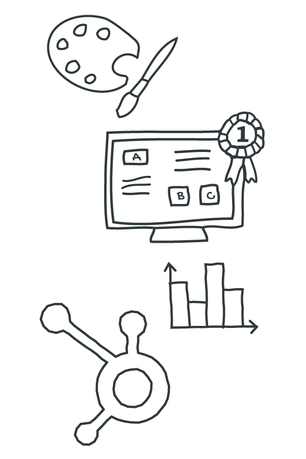 line drawings of an artists pallet and paintbrush, a website with a rosette pinned to it, a bar graph and the HubSpot sprocket - Creative bespoke websites, built on the HubSpot CMS using GDD and data