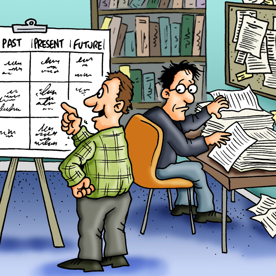 bespoke websites designed in HubSpot - a cartoon of two men trying to solve a prolem